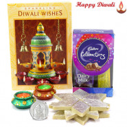 Silver Ganesha Coin 10 grams, Kaju Katli, Small Cadbury's Celebrations with 2 Diyas