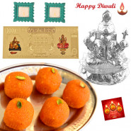 Silver Lord Ganesh Idol 20 grams, Kaanpuri Laddoo, 24 Carat Gold Plated Dhan Laxmi Varsha Note with 2 Diyas