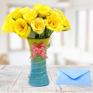 Yellow Vase - 15 Yellow Roses in Vase and card