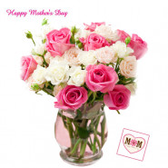 Pink N White Vase - 18 Pink & White Roses Vase and card