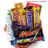 Chocolate Extravaganza - Assorted 5 Bars, Snickers, Mars, Twix, Bounty with 2 Rakhi and Roli-Chawal