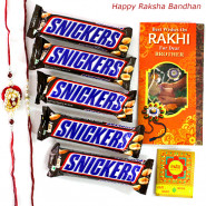 Sweet Snickers - Snickers 5 Pcs with 2 Fancy Rakhi and Roli-Chawal