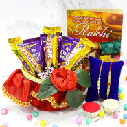 Yummy Chocolate Basket - Dairy Milk 3 Pcs, Five Star 3 Pcs, Decorative Basket with 2 Rakhi and Roli-Chawal