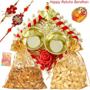 Kaju & Badam Thali - Almond 100 gms in Potli & Cashew 100 gms in Potli, Auspicious Ganesha Thali with Pearls with 2 Rakhi and Roli-Chawal