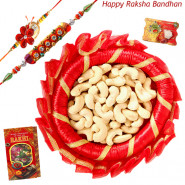 Cashew Wonder Thali - Cashew, Decorative Thali (R) with 2 Rakhi and Roli-Chawal