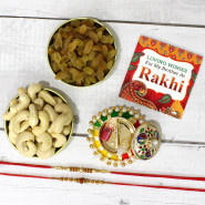 Enticing Dryfruit Thali - Cashew & Raisin, Exquisite Gota & Meenakari Work Thali with Pearls with 2 Rakhi and Roli-Chawal