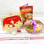 Healthy Rakhi Thali - Assorted Dry Fruit Basket, Designer Ganesh Thali with 2 Rakhi and Roli-Chawal