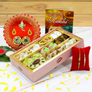 Delicious Kaju Mix Thali - Kaju Mix, Designer Ganesh Thali with 2 Rakhi and Roli-Chawal