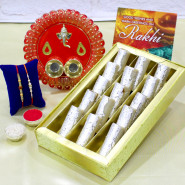 Designer Sweets Thali - Kaju Anjir Roll, Designer Ganesh Thali with 2 Rakhi and Roli-Chawal