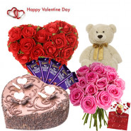 Royal Heart - Heart Shape Arrangement 30 Red Roses, 15 Pink Roses Bunch, Heart Shape Chocolate Cake 1 kg, Teddy 6", 5 Dairy Milk 20 gms and Card