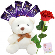 Teddy Rose - Small Teddy, 1 Artificial Red Rose, 5 Dairy Milk & Card