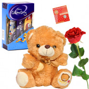 Teddy With Chocolate Rose - Small Teddy, Mini Clebration, 1 Artificial Red Rose & Card