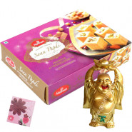 Good Luck Sweets - Small Laughing Buddha, Haldiram Soan Papdi 250 gms and Card