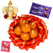 Ganesha Ladoo - Motichur ladoo 100 gms, Ganesha Idol, 2 Dairy Milk and Card
