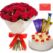 20 Red Roses Bouquet, 1 Kg Pineapple Cake, 5 Assorted Cadbury Chocolates and Card