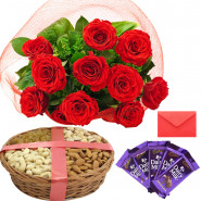 12 Red Roses in Bunch, 200 gms Assorted Dryfruit Basket, Dairymilk 5 pcs and Card
