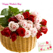 Basket of Love - 20 Red & Pink Roses Basket and Mother's Day Greeting Card