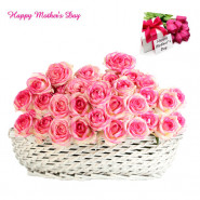 Pinky Mother - 30 Pink Roses Basket and Mother's Day Greeting Card