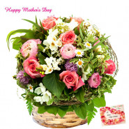 Mix Love - 6 Gladiolus with 24 Mix Flowers (Roses, Carnations, Gerberas) Basket and Mother's Day Greeting Card