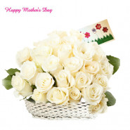 Tempting Basket - 20 White Roses Basket and Mother's Day Greeting Card