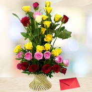 Elegant Basket - 30 Mix Roses Basket and Mother's Day Greeting Card