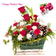 Assembling Basket - 6 Red Roses with 10 White N Red Carnations Basket and Mother's Day Greeting Card