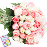 Beauteous - 50 Pink & White Roses + Card