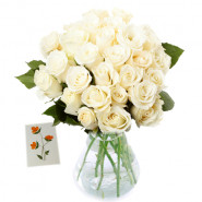 Pleasant Arrangement - 15 White Roses In Vase + Card