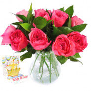 Exotic - 15 Pink Roses in Vase + Card