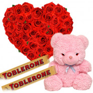 Great Gift - Heart Shaped Arrangement 50 Red Roses + 2 Toblerone Chocolate Bars + Teddy Bear 8"  + Card