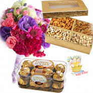 Glorious Gift - 25 Mix Flowers Bouquet + 200 Gms Assorted Dryfruits Box + 16 Pcs Ferrero Rocher + Card