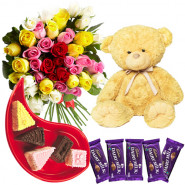 Heavenly Gift - 12 Mix Roses Bouquet + 5 Dairy Milk 40 Gms Each + Teddy 6" + 5 Assorted Pastries + Card