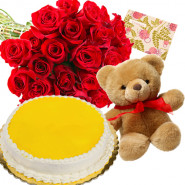 Bestowed Love - Bouquet Of 25 Red Roses + Teddy Bear  6 Inches + 1/2 Kg Pineapple Cake + Card
