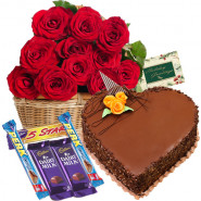 Extraordinary Mix - 50 Red Roses In A Basket + 1 Kg Heart Shaped Cake + 5 Assorted Chocolate Bars + Card