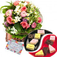 Mighty Gift - 25 Assorted Flowers in Basket + 10 Pcs Pastries + Card