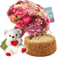 Love & Gift - Bouquet 50 Mix Carnations + 500gm Cake + 8 Inch Teddy Bear + Card