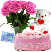 Memorable Moments - Glass Vase Of 12 Pink Roses + Teddy Bear 6 Inches + 1 Kg Strawberry Cake + Card