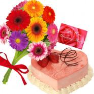 Outstanding Choice - 12 Assorted Gerberas Bouquet + 1 Kg Heart Shaped Strawberry Cake + Card