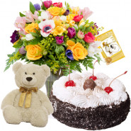 Best Confer - Bouquet 15 Assorted Flowers Vase +  Teddy 6" + 1/2 Kg Black Forest Cake + Card