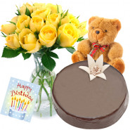 Showing Fondness - 15 Yellow Roses Vase +  1/2 Kg Chocolate Cake +  Teddy 6 Inches + Card