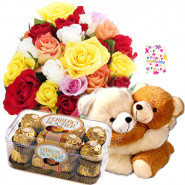 Exemplary Combo - Basket 15 Mix Roses + Fererro Rocher 16 Pcs + Couple Teddy + Card