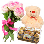 Deserving - Bouquet Of 12 Pink Roses + Ferrero Rocher 16 Pcs + Teddy Bear 8" + Card