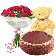 Endearing Gift - Bouquet Of 12 Red Roses + Teddy Bear 8" + 1/2 Kg Chocolate Cake + Card