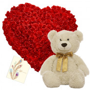Fab Gift - 100 Red Roses Heartshape Basket Arrangement + 10" Teddy Bear + Card