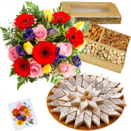 Splendid Combo - 15 Mixed Flowers + 500 Gms Assorted Dry Fruit Box + 500 Gms Of Kaju Katli + Card