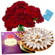 Incredible Combo - 12 Red Carnations + Kaju Katli Box 250 Gms + Soan Papdi Box 250 Gms + Card