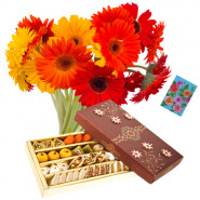 Uncommon Combo - Bouquet 15 Yellow And Red Gerberas + Assorted Sweet Box 500 Gms + Card