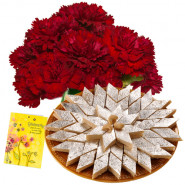 Terrific - 12 Red Carnations + Kaju Katli Box 250 Gms + Card