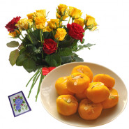 Mesmeric Combo - 20 Red And Yellow Roses Bouquet + Kesar Penda 500 Gms  + Card