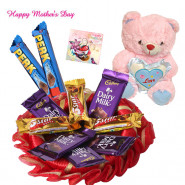 Mini Love - Cute Teddy 6 inch (Approx), 10 Assorted Cadbury Bars (5 Dairy Milk, 3 Five Star and 2 Perk) and card